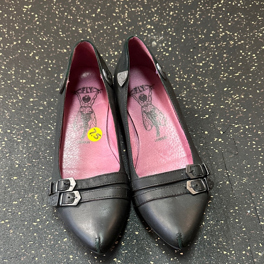 Fly London Women's Black Leather Flats with Buckle Detail